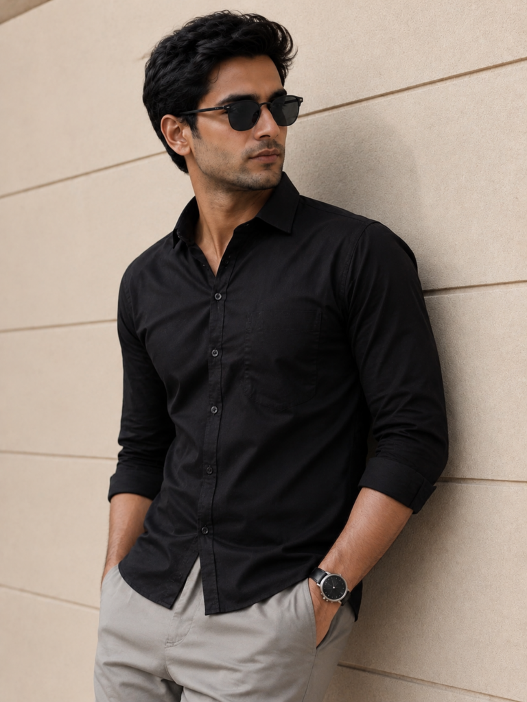 Sharp Casual Portrait Against Beige Wall